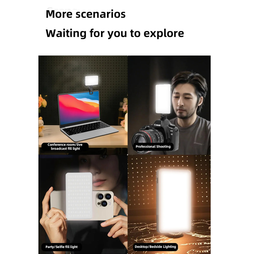 Small rectangular LED fill light panel attached to a laptop, camera, smartphone, and stand for photography and video.