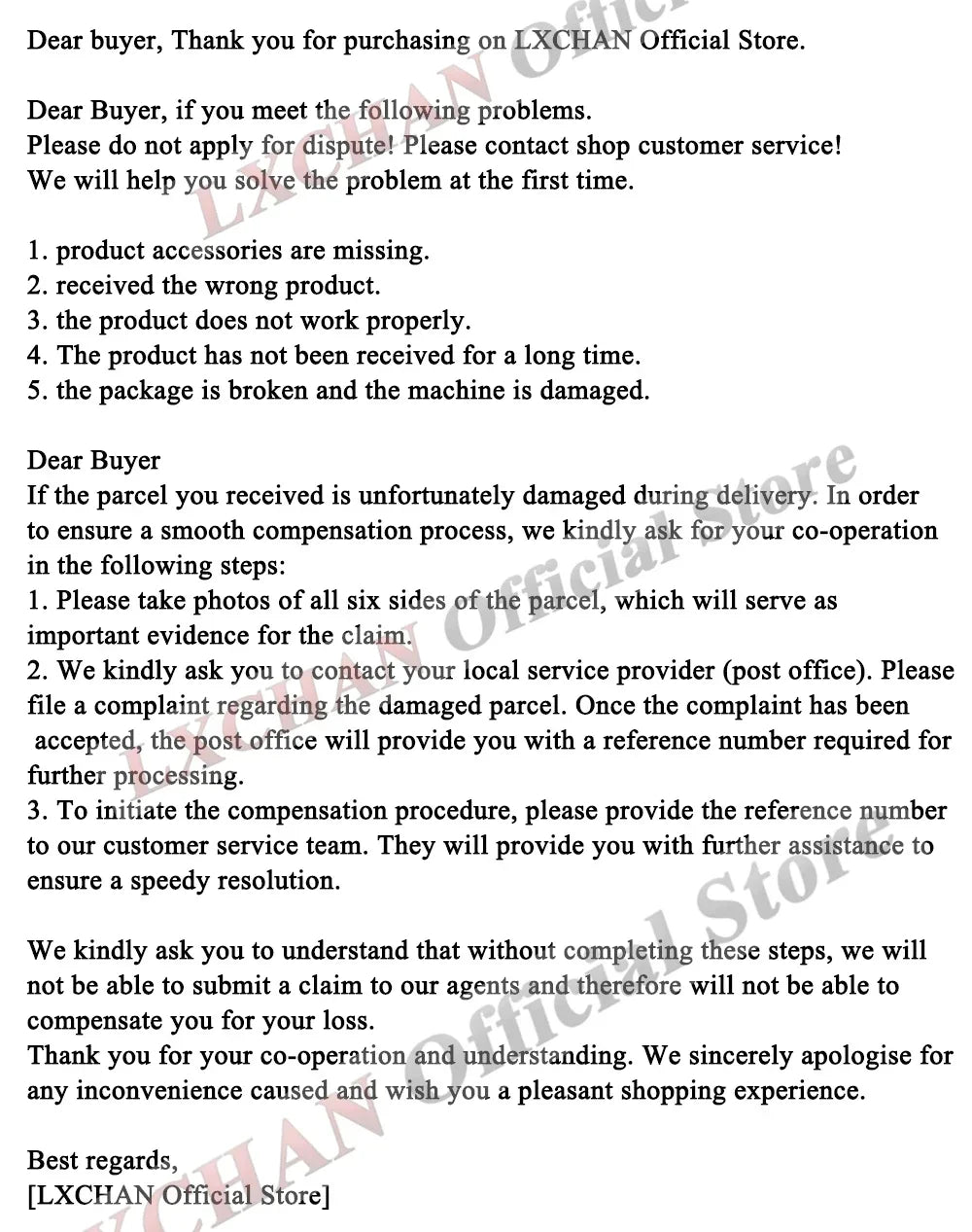 LXCHAN Official Store customer service notice regarding damaged or missing order items and compensation process instructions.