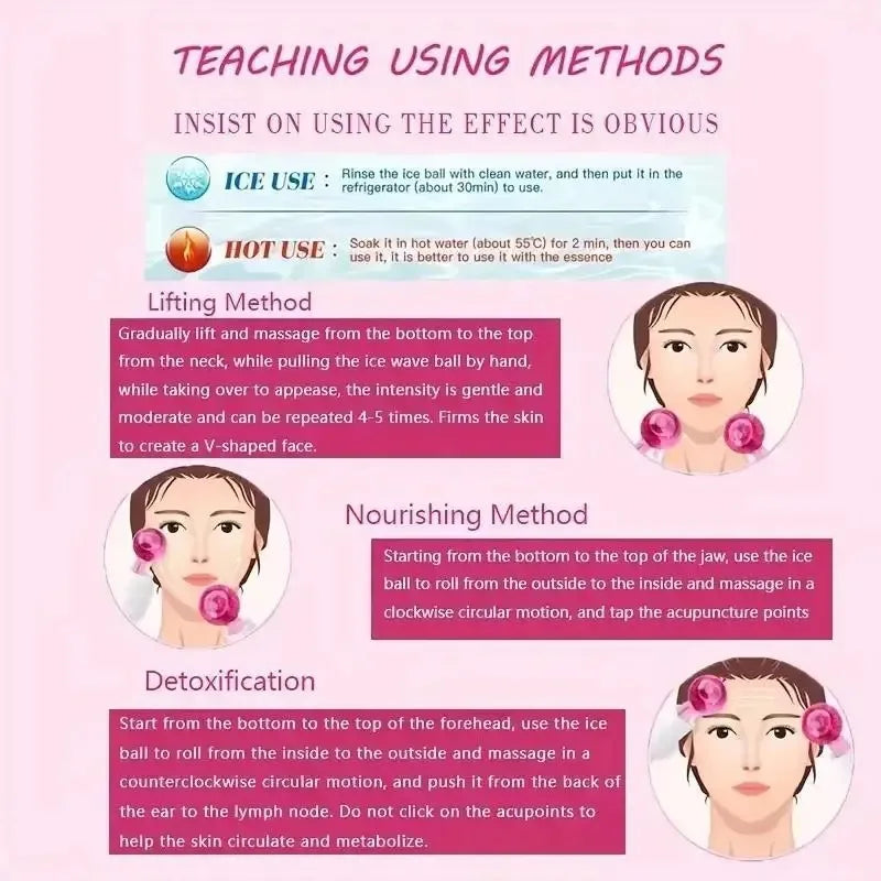 Instructional graphic for pink glass facial ice globes, showing massage techniques for lifting, nourishing, and detox.