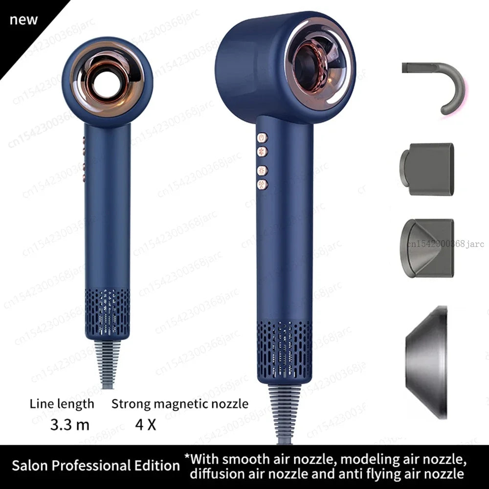 Blue 1600W leafless ionic hair dryer with 4 magnetic styling attachments for professional salon hair care results.