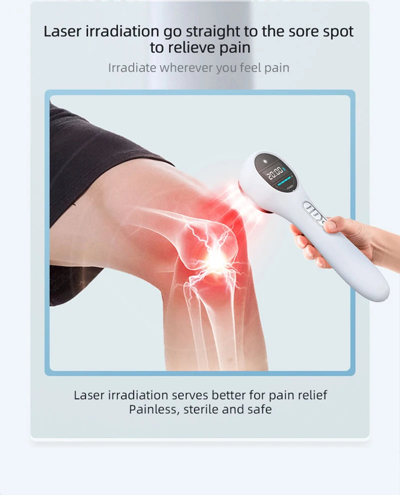 Handheld LLLT infrared cold laser therapy device treating knee pain with digital display and red light emission.