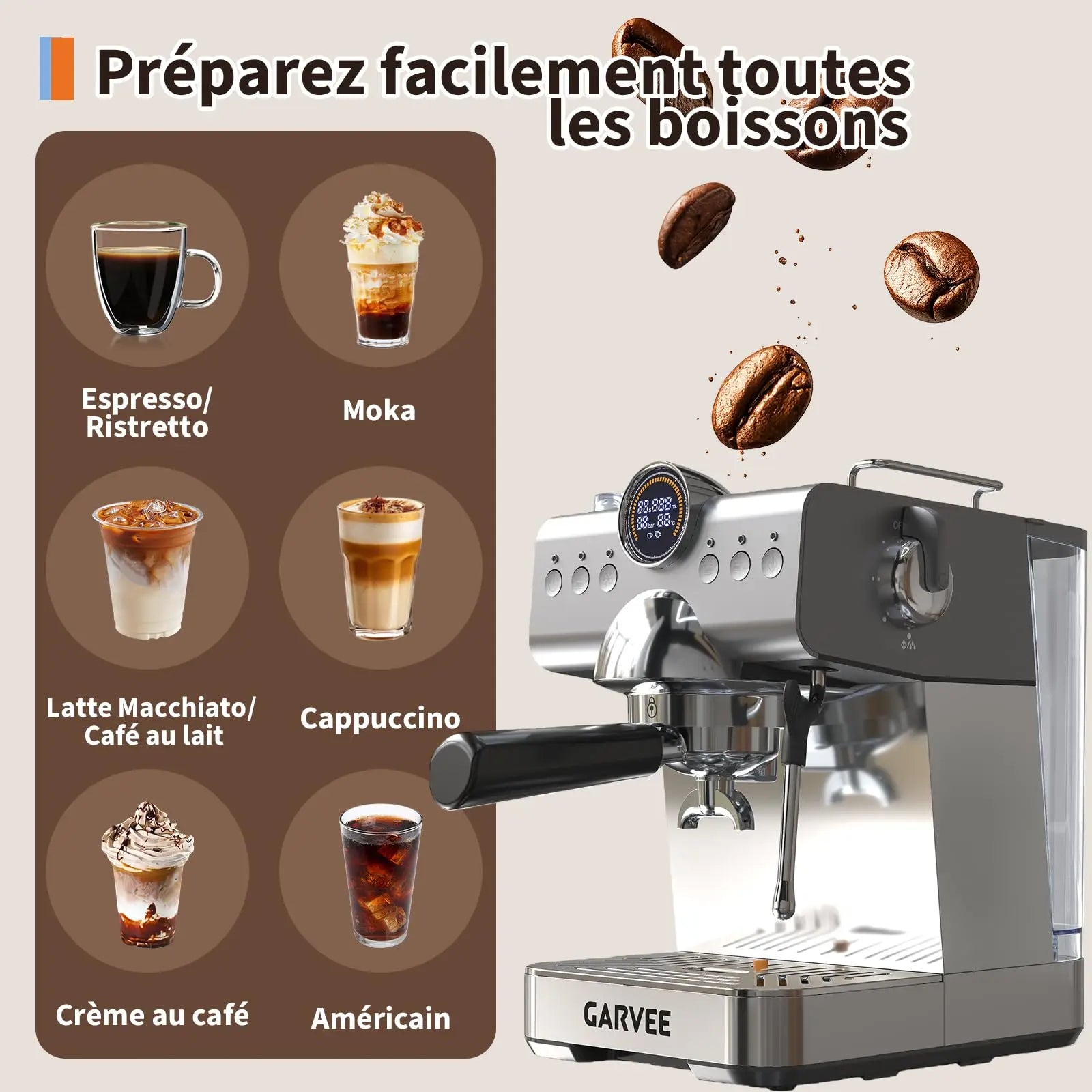 GARVEE stainless steel espresso machine with digital display, steam wand, and portafilter for multiple coffee drinks.