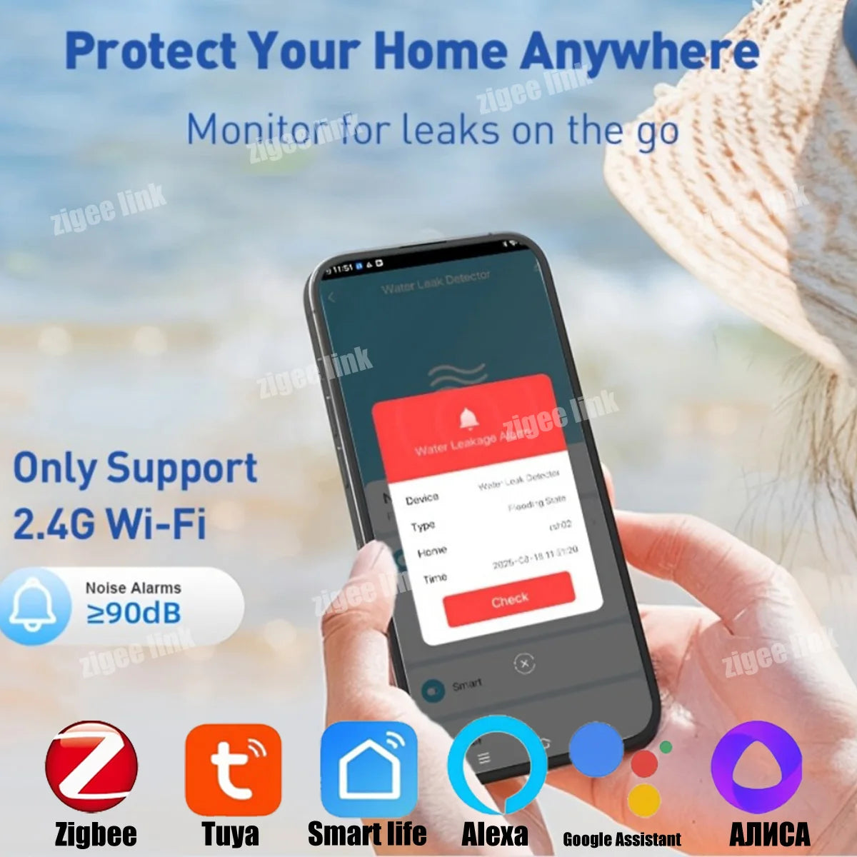 Smart Water Leak Sensor ZigBee 3.0 Flood Alarm for Home Automation Tidesmit