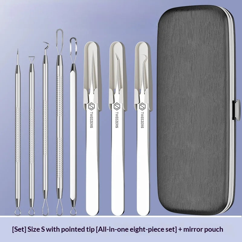 Stainless Steel Acne Needle Set of 8 Pieces, High-Density Blackhead Tweezers, Professional Acne Extraction Needles, Tool for Removing Closed Comedones, Portable Storage Set for Home and Beauty Salon Use