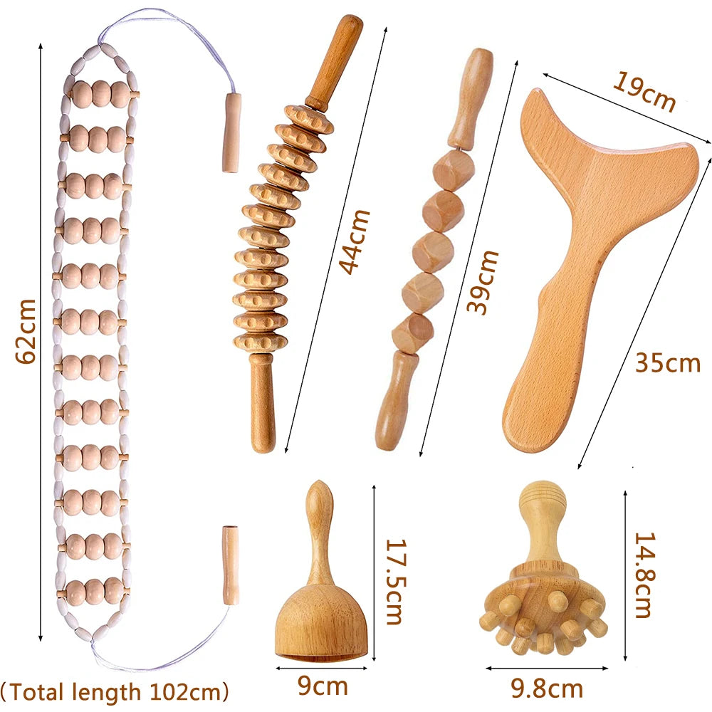 Wood Therapy Massage Tools for Body Contouring | 6 Piece Kit Relaxation Treatment Tidesmit