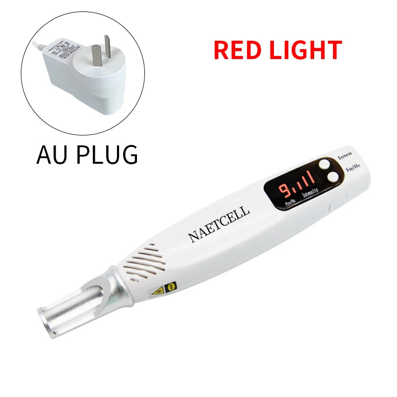 White handheld picosecond laser pen for tattoo and skin spot removal with AU plug and red light settings.