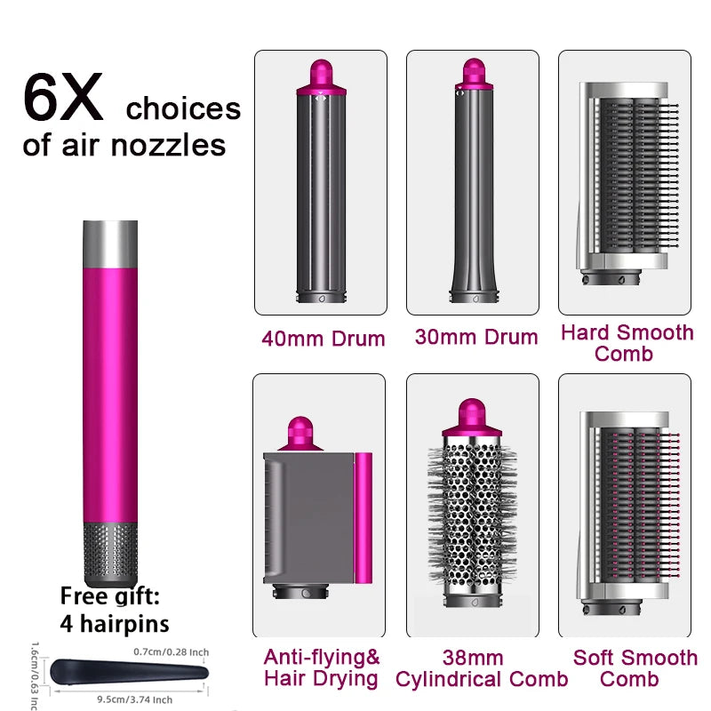 SenCiciMen 6-in-1 hot air brush set with pink handle, 6 styling attachments, curling barrels, and hair drying nozzle.