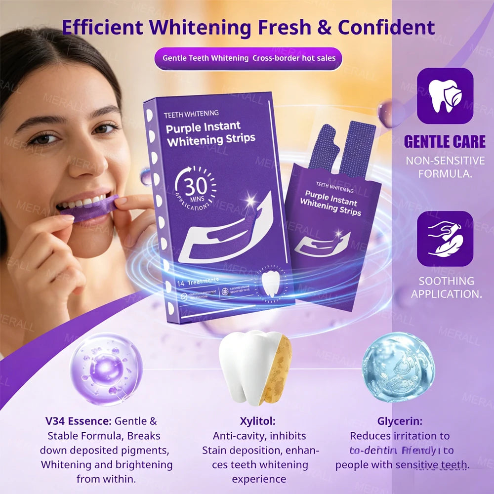 Tidesmit teeth whitening strips applied to teeth for plaque removal and stain whitening