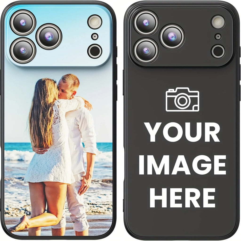 Customizable black smartphone case with camera-cutout, displaying a couple on the beach or placeholder text.