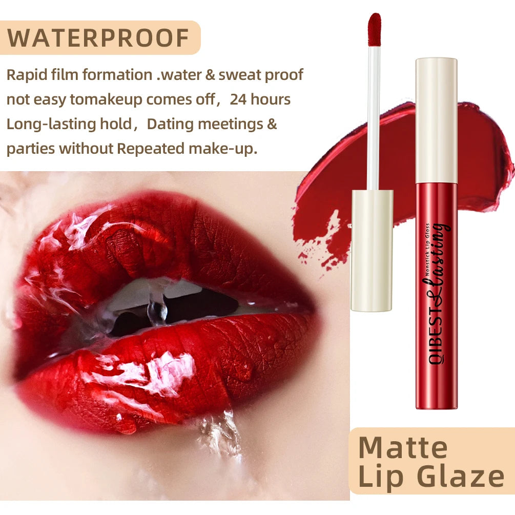 Waterproof red matte liquid lipstick with velvet finish, long-lasting nonstick lip stain and applicator.