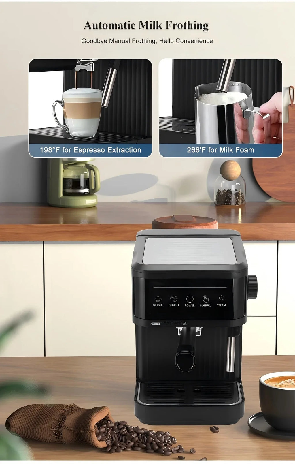 Black matte espresso machine with automatic milk frother, digital touch control panel, and coffee bean display.