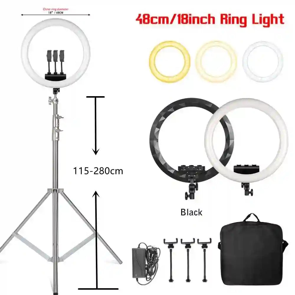 18-inch LED ring light with adjustable tripod stand (115-280cm), three phone holders, power adapter, and carry bag.