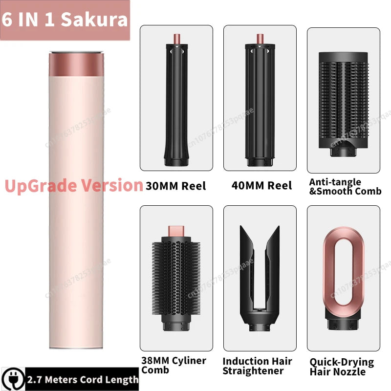 Sakura 6-in-1 auto curling hair styler set with dryer, straightener, and various styling brushes in rose gold.