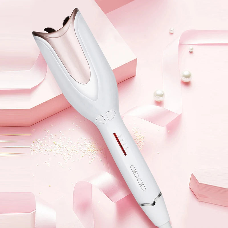 White and rose gold automatic hair curler with temperature display, portable design for effortless salon curls.