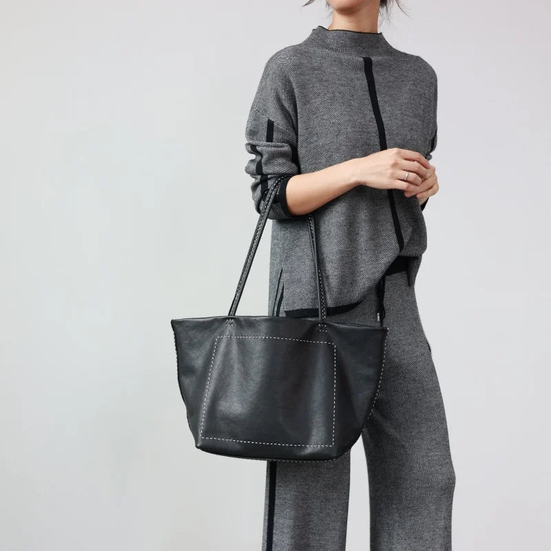 Women Large Capacity Genuine Leather Tote Soft Shoulder Bag