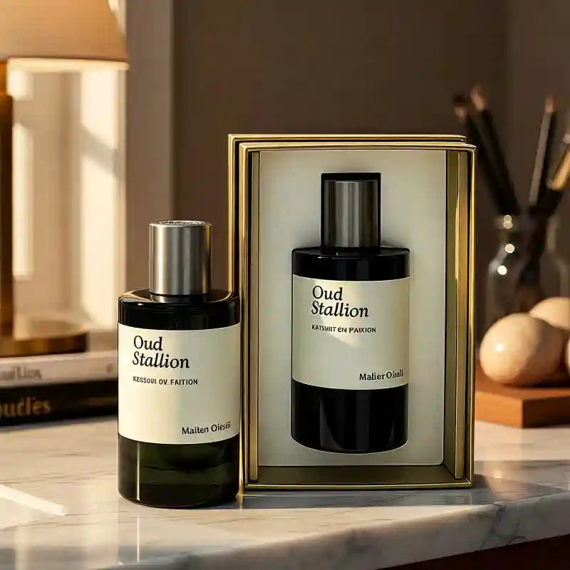 Oud Stallion EDP: Luxury unisex Arabic perfume in modern cylindrical bottles with silver caps. Long-lasting scent.