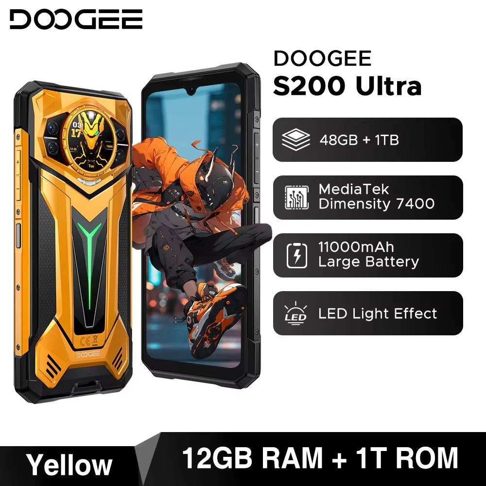 S200 Ultra rugged smartphone in yellow and black with a circular rear display and large 11000mAh battery.