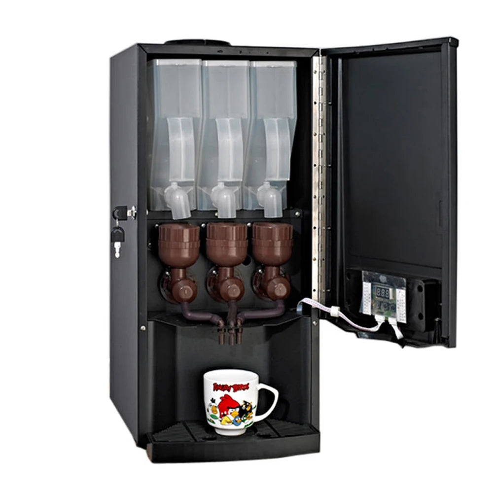 Black commercial 3-canister instant coffee and hot beverage dispenser machine with digital control panel.