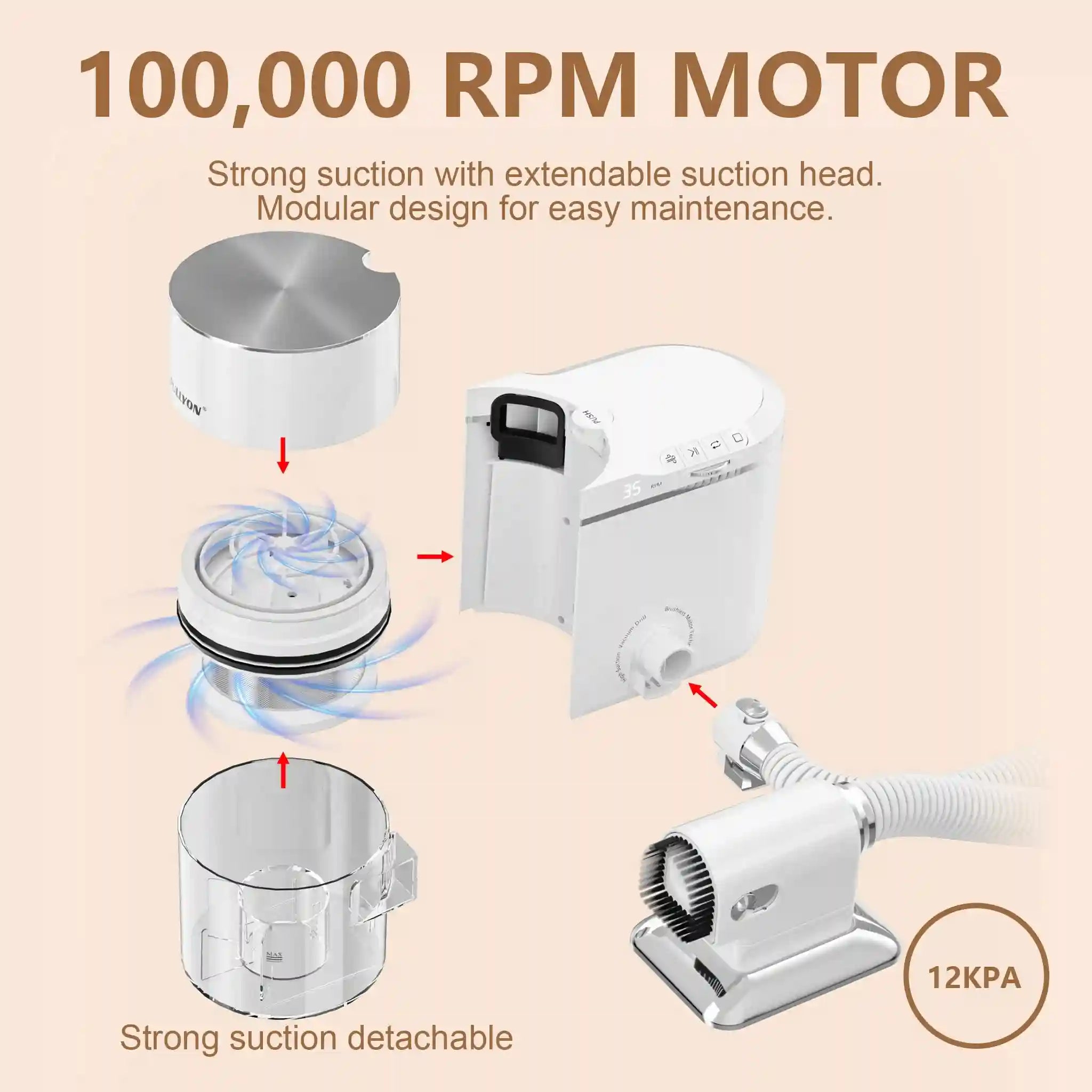 Modular white mini nail art vacuum with 100k RPM motor, built-in filter, extendable suction head, and 12KPA power.