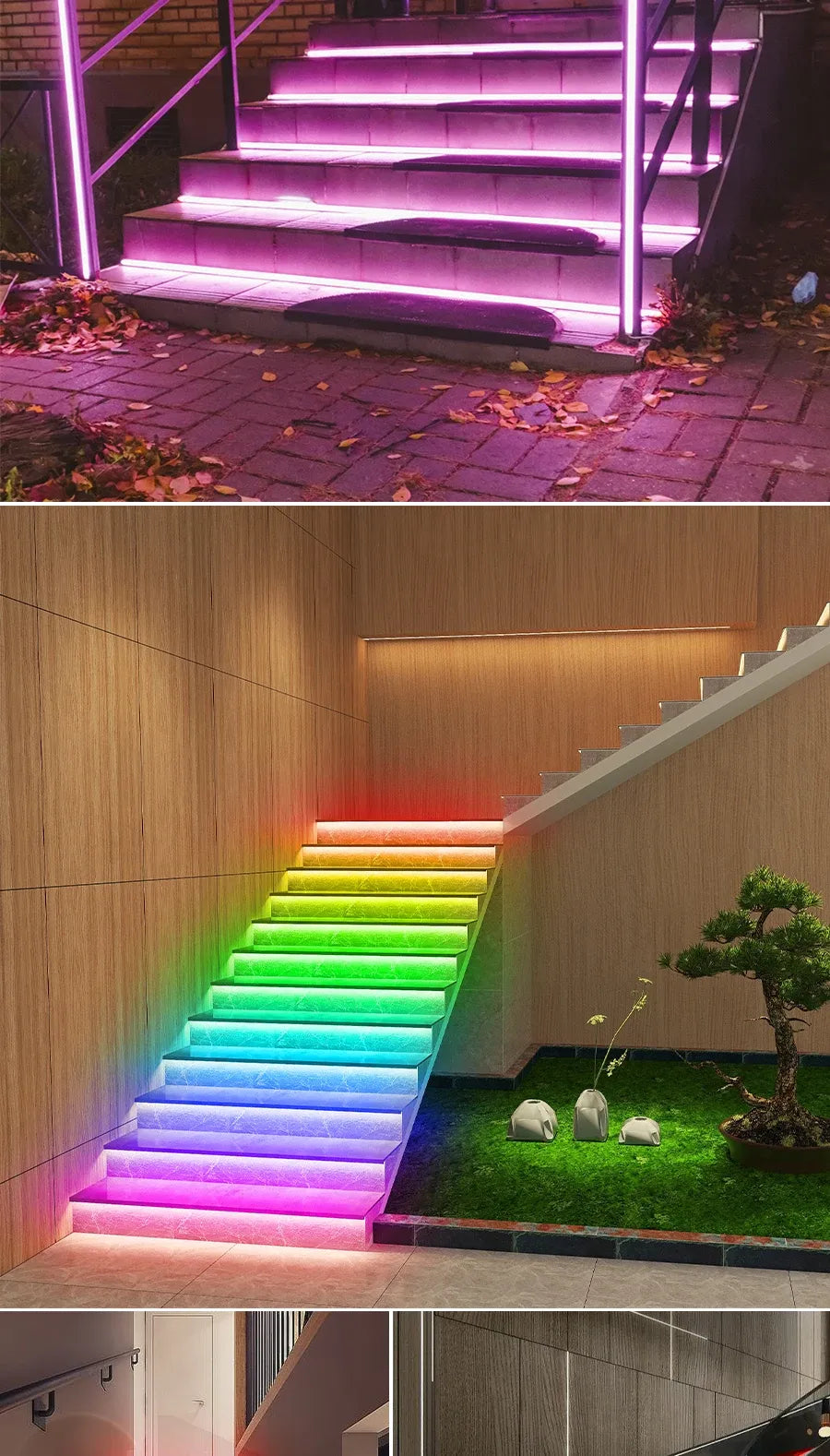 LED stair light strips casting multicolor glow along indoor staircase steps.