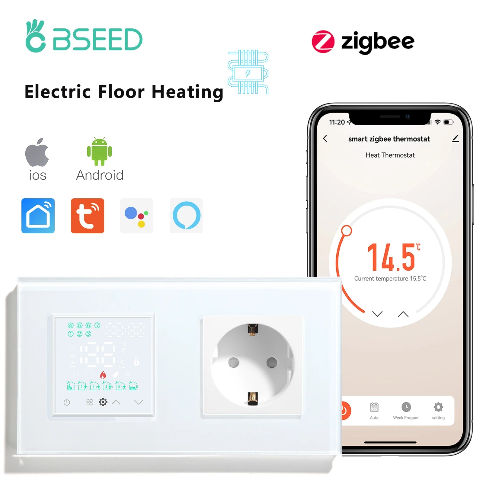 BSEED Zigbee Thermostat LED Touch Screen Switches Electric Floor Heating Room Alexa Temperature Controller Tuya App USB Socket