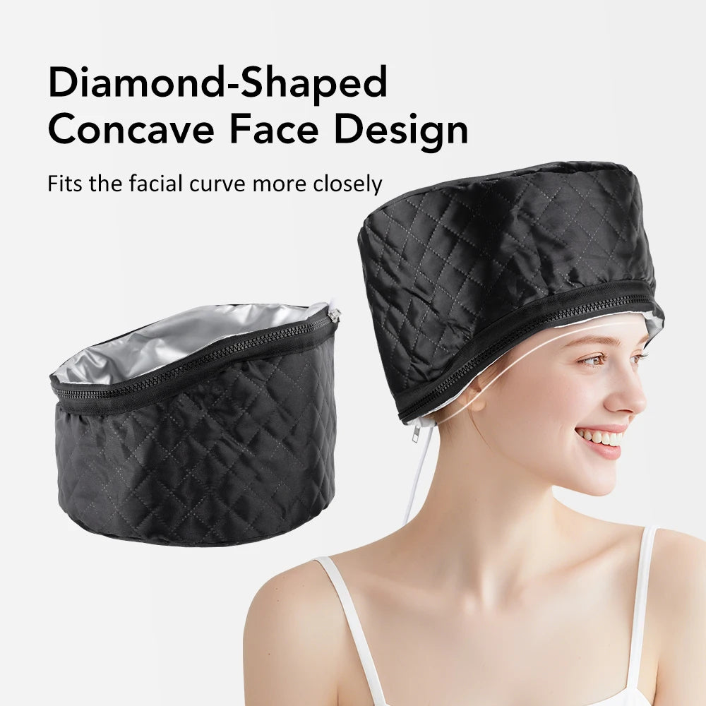 Black diamond-quilted electric hair steamer cap with concave design for deep conditioning and home hair spa treatments.