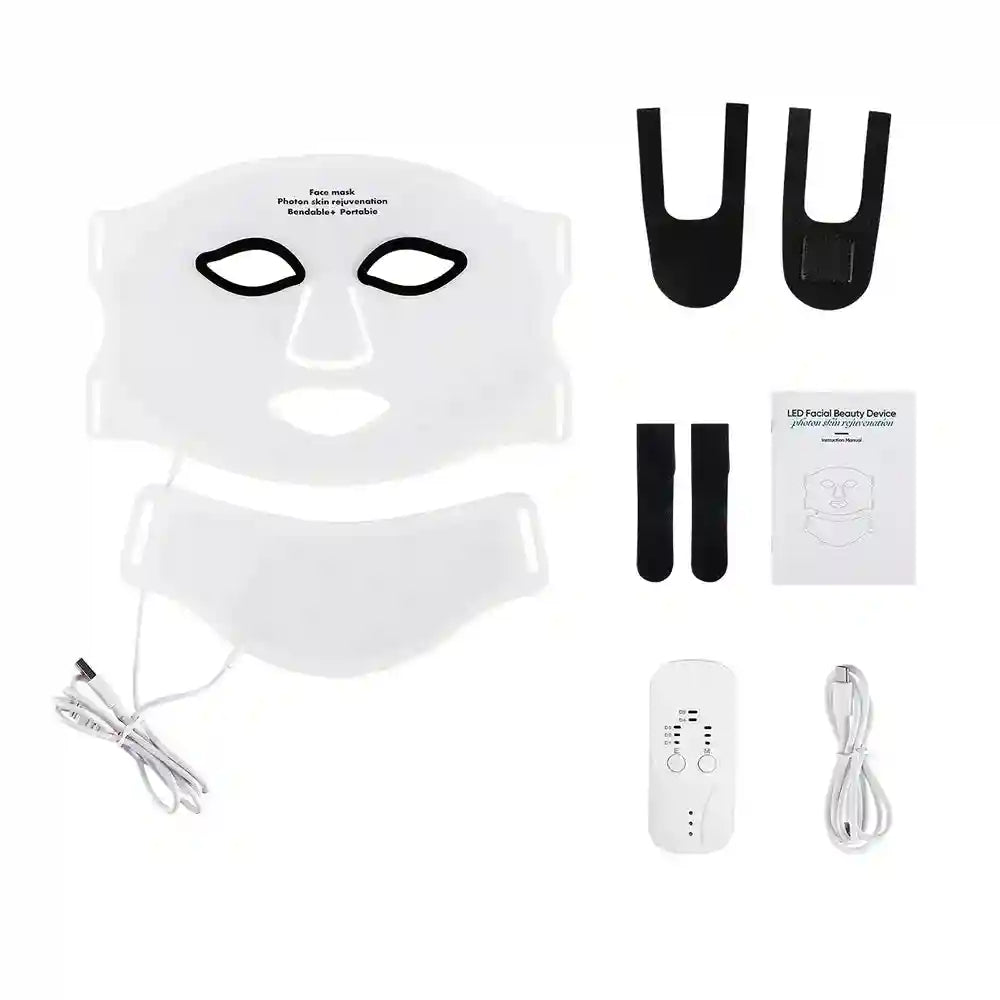 Flexible white silicone LED face and neck mask kit with controller, straps, manual, and charging cable on white.