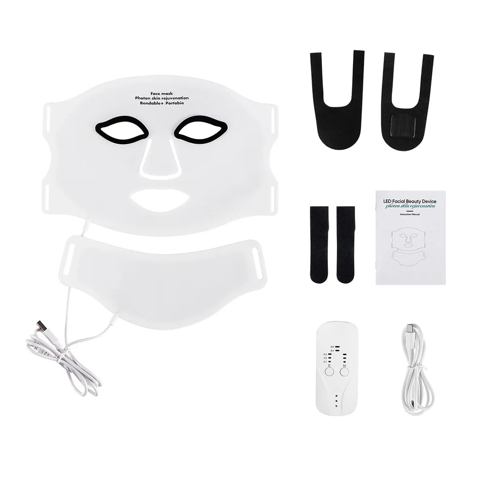 White flexible silicone LED face and neck mask kit with controller, straps, manual, and charging cable on white.