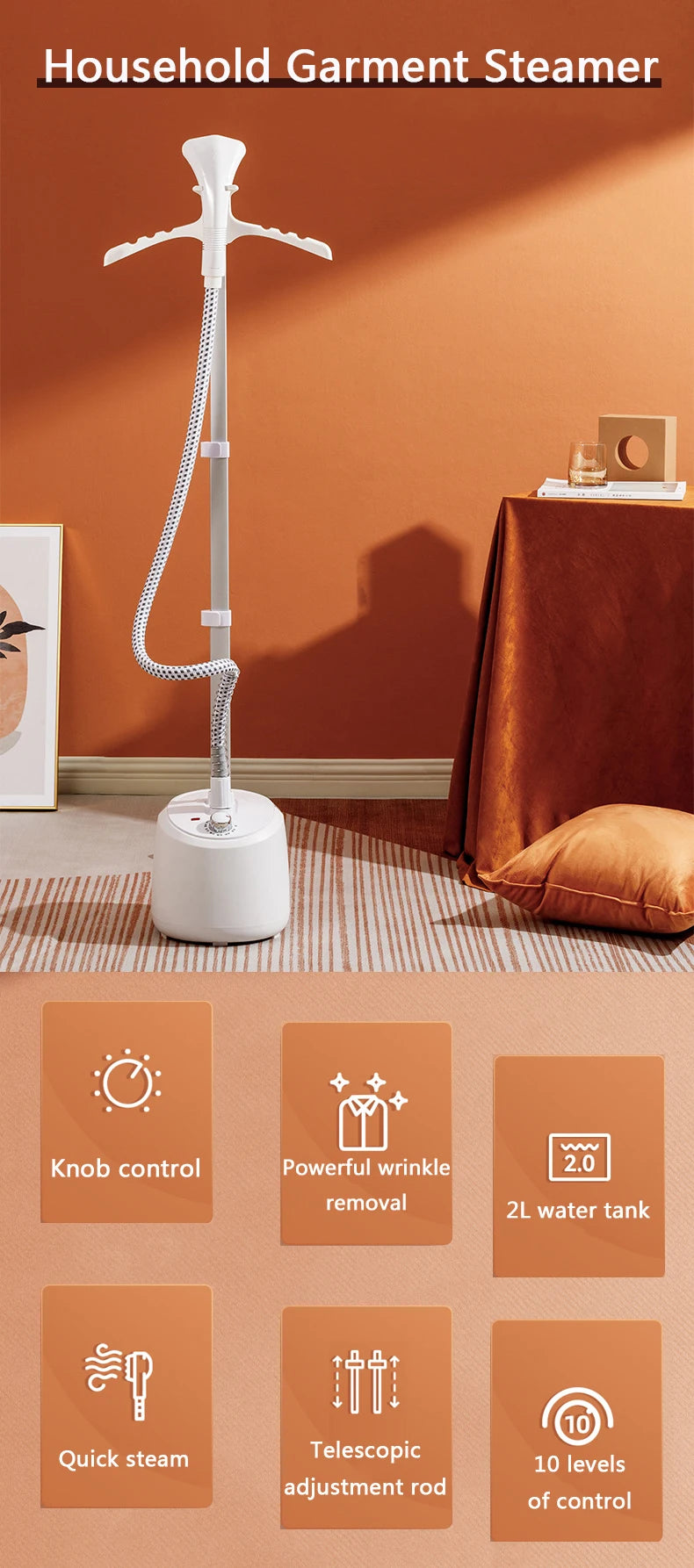 Tidesmit 2L garment steamer featuring adjustable rod and steam settings for 10 different fabric types