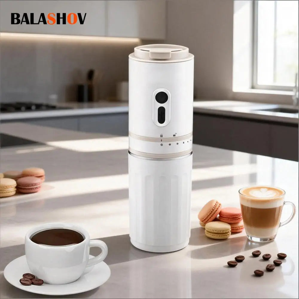 Balashov white portable electric coffee maker with slim cylindrical design, button controls, and modern matte finish.