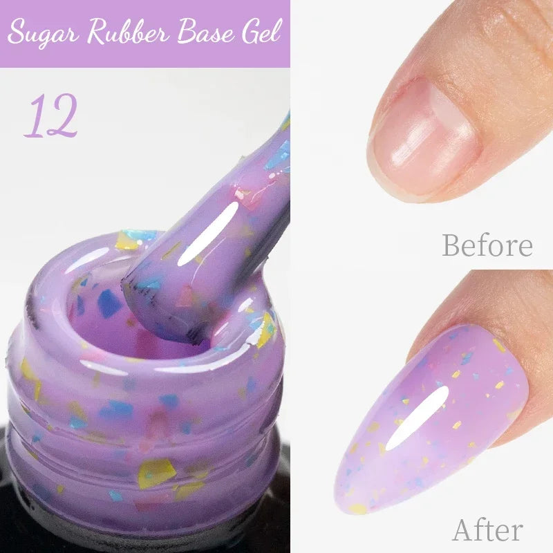 Sugar rubber base gel shade 12: purple polish with multicolored flecks applied to a fingernail for a smooth finish.