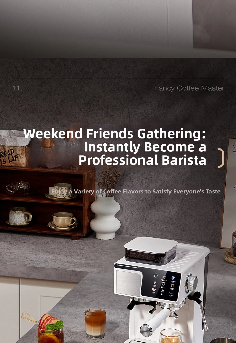 Fancy Coffee Master white espresso machine with integrated bean hopper, touch screen, and steam wand in home kitchen.
