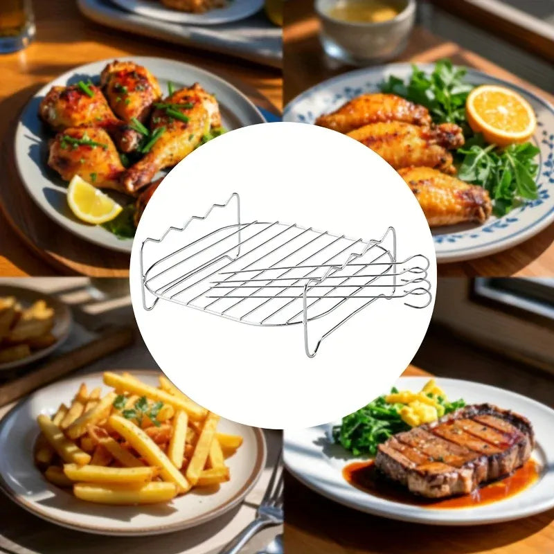 Air fryer grill and steam rack, chrome wire tray with skewer stand