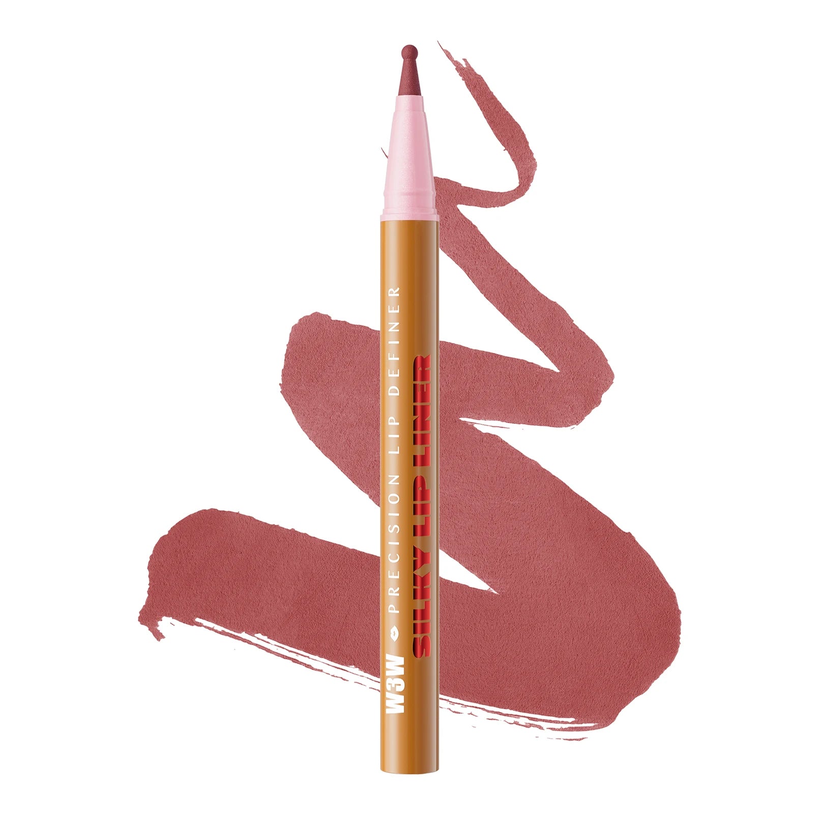 Waterproof liquid matte lip liner pencil in dusty rose with a smooth, highly pigmented swatch on white background.