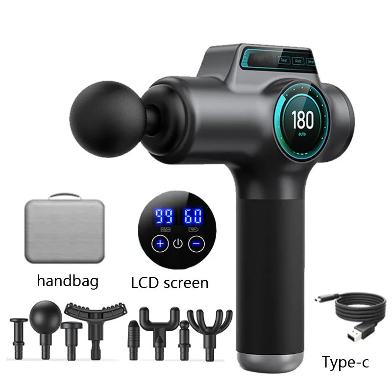 Black handheld percussion massage gun with circular LCD screen, six interchangeable heads, carrying case, and USB cable.