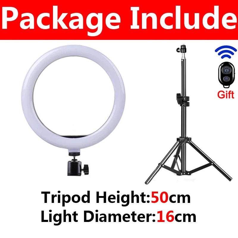 16cm white LED ring light with a 50cm black metal tripod stand and a wireless remote shutter for photography.