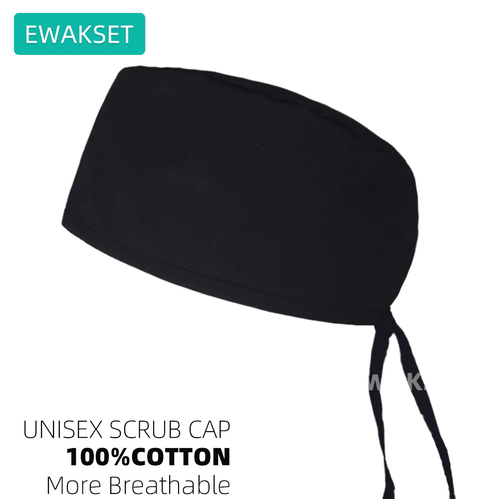 Adjustable black cotton scrub cap for vets and nurses with sweatband for breathable, all-day comfort.