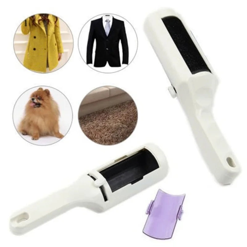 White self-cleaning lint brush for removing dog and cat hair from clothing and furniture.