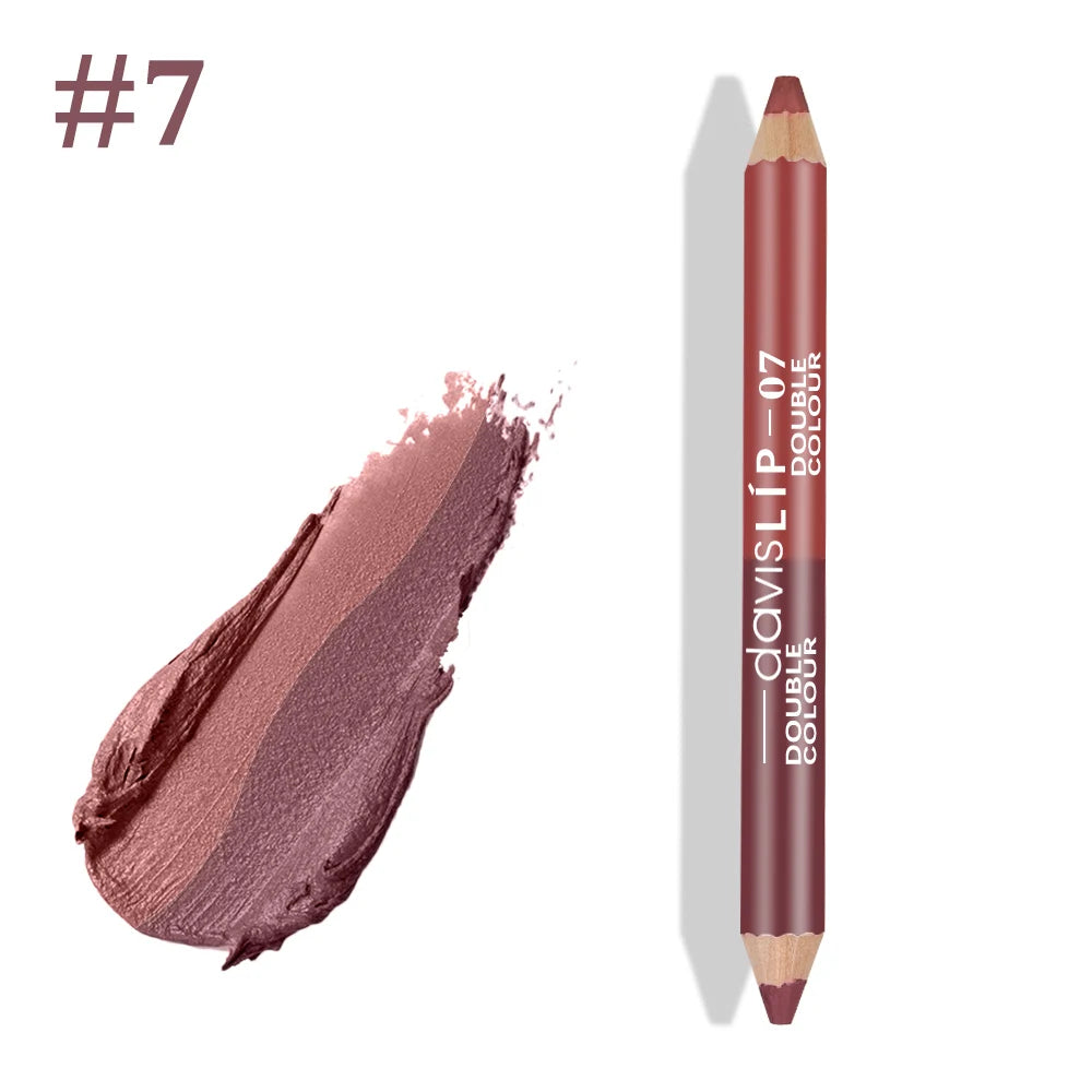 Professional waterproof double-ended wood lip liner pencil in shade #7 with matte, creamy berry-mauve color swatches.