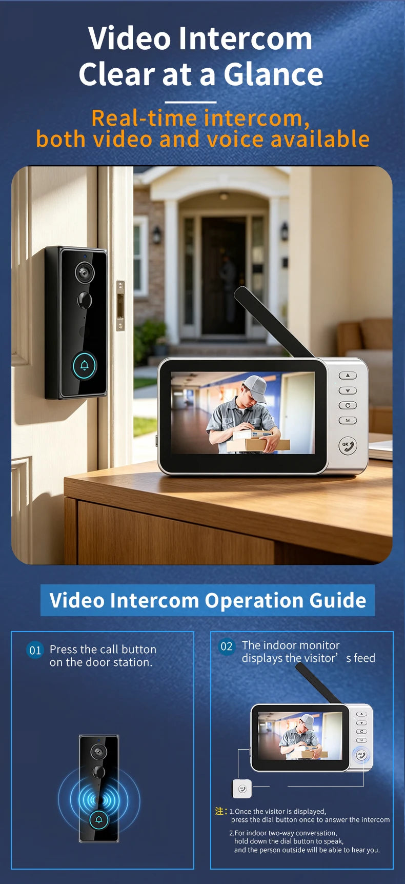 Waterproof 4000mAh Video Monitoring Doorbell 4.3 Inch IPS screen PIR motion sensor Two-way intercom 1080P Video Doorbell Camera
