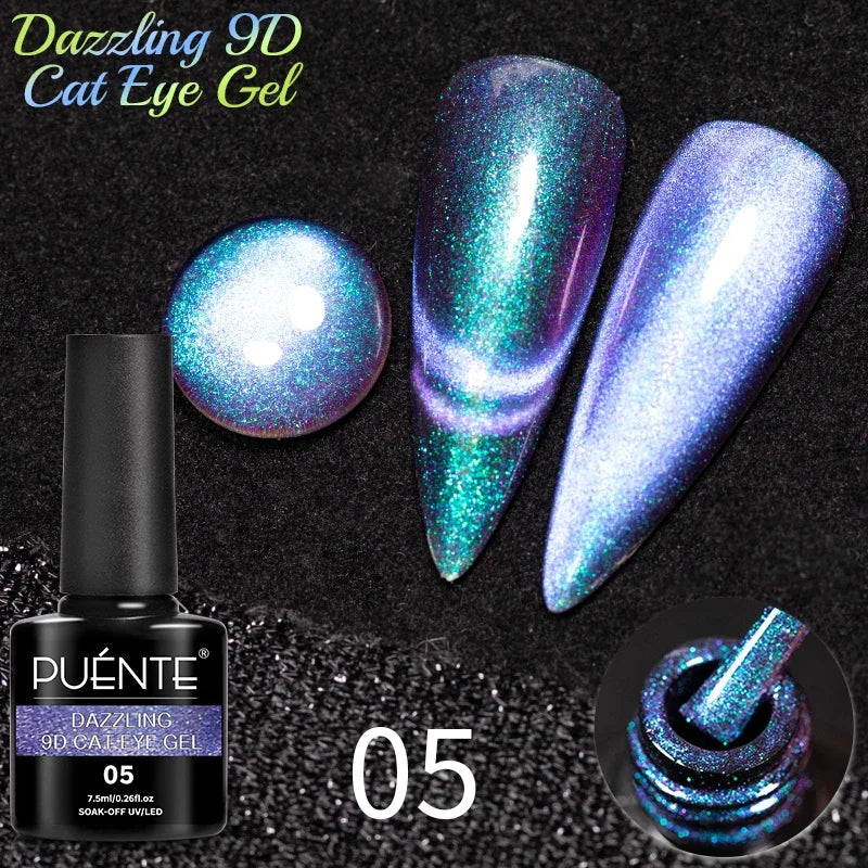 9D cat eye gel polish in shade 05, showing a shimmering, color-shifting teal and purple finish on nail art samples.