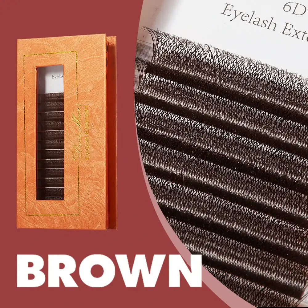 DeceMars 6D-W shaped brown eyelash extensions in a textured orange box with a visible window display.