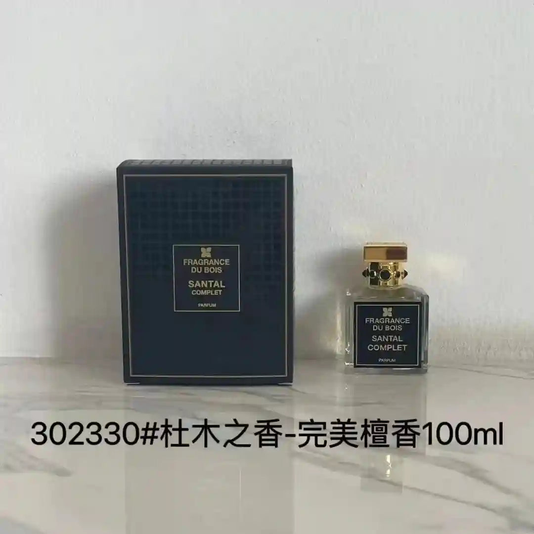 Fragrance Du Bois Santal Complet Parfum, woody unisex scent in a square glass bottle with gold cap and gift box.