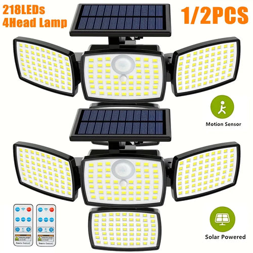 Two-pack solar 4-head motion sensor wall lights with LED panel clusters and solar tops