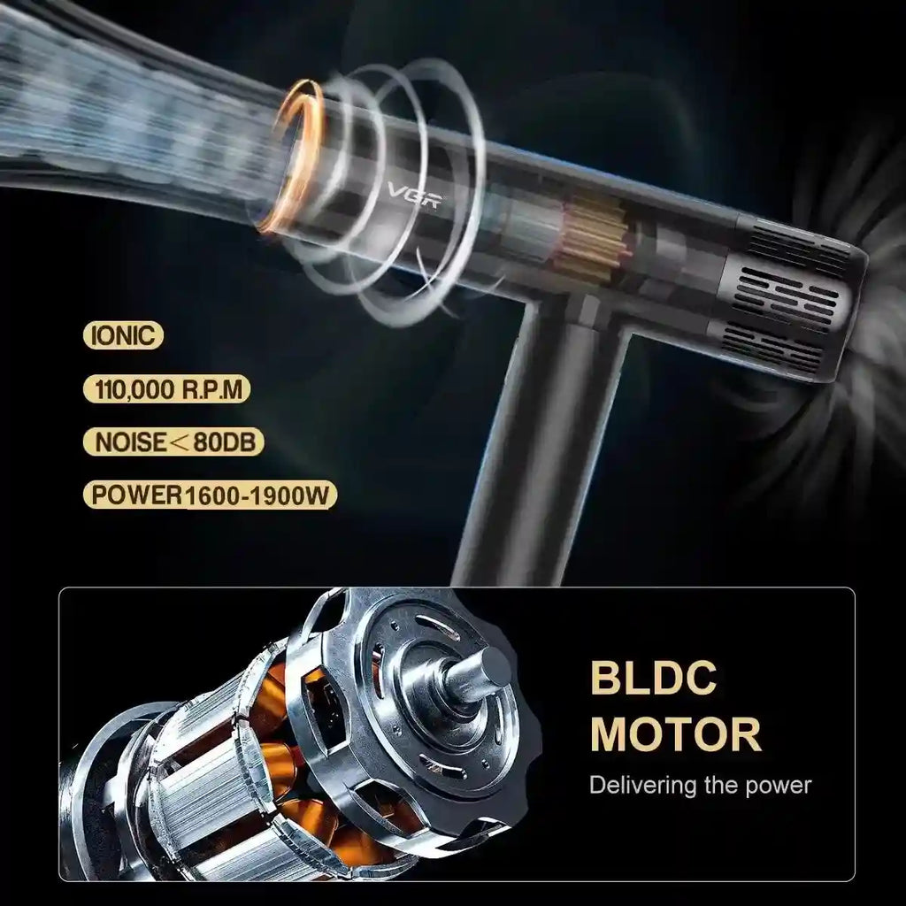 VGR V-427 professional ionic hair dryer featuring a 110k RPM brushless motor and quiet, high-power salon performance.