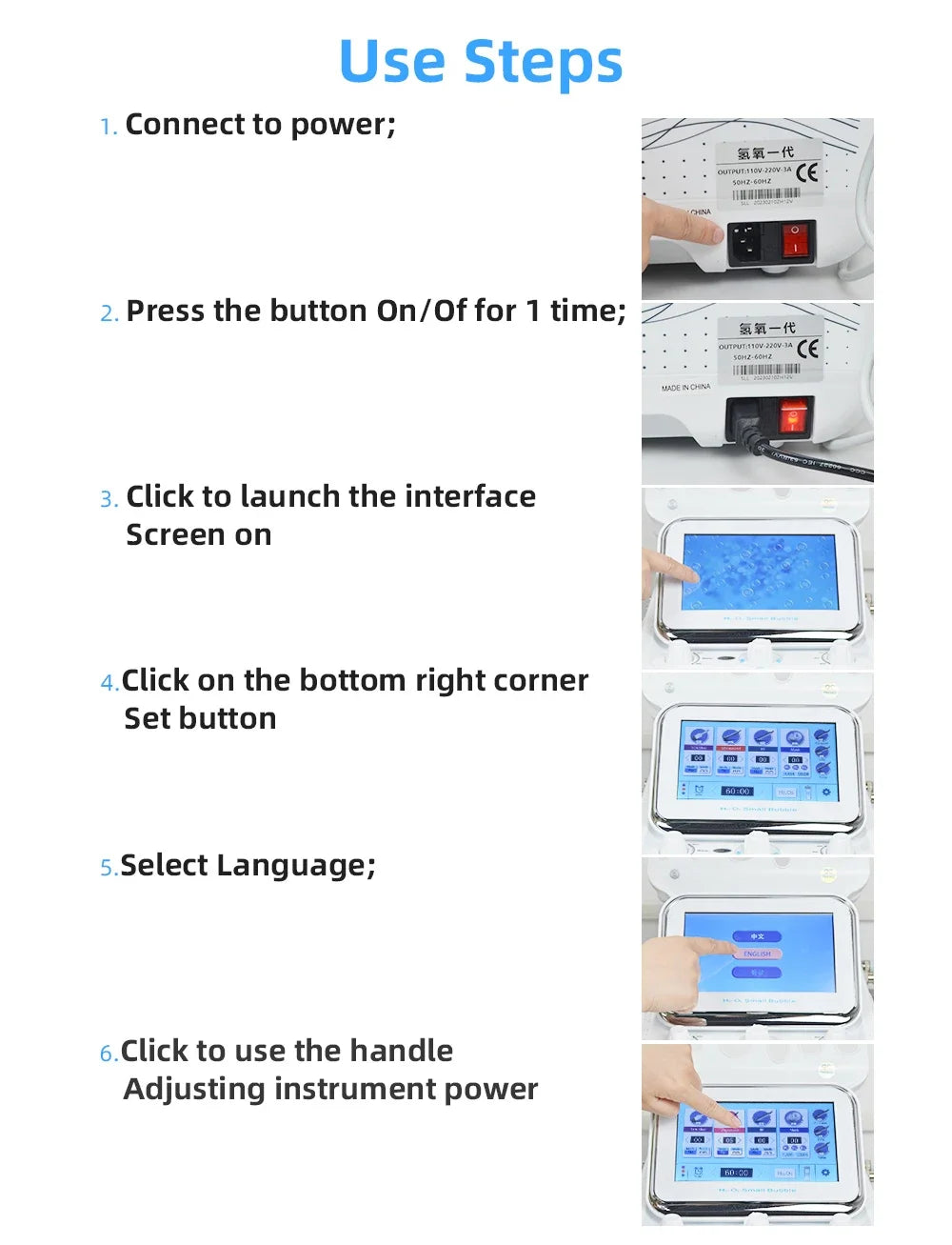 Instruction guide for 7-in-1 hydro facial machine showing power setup, touchscreen interface, and language settings.