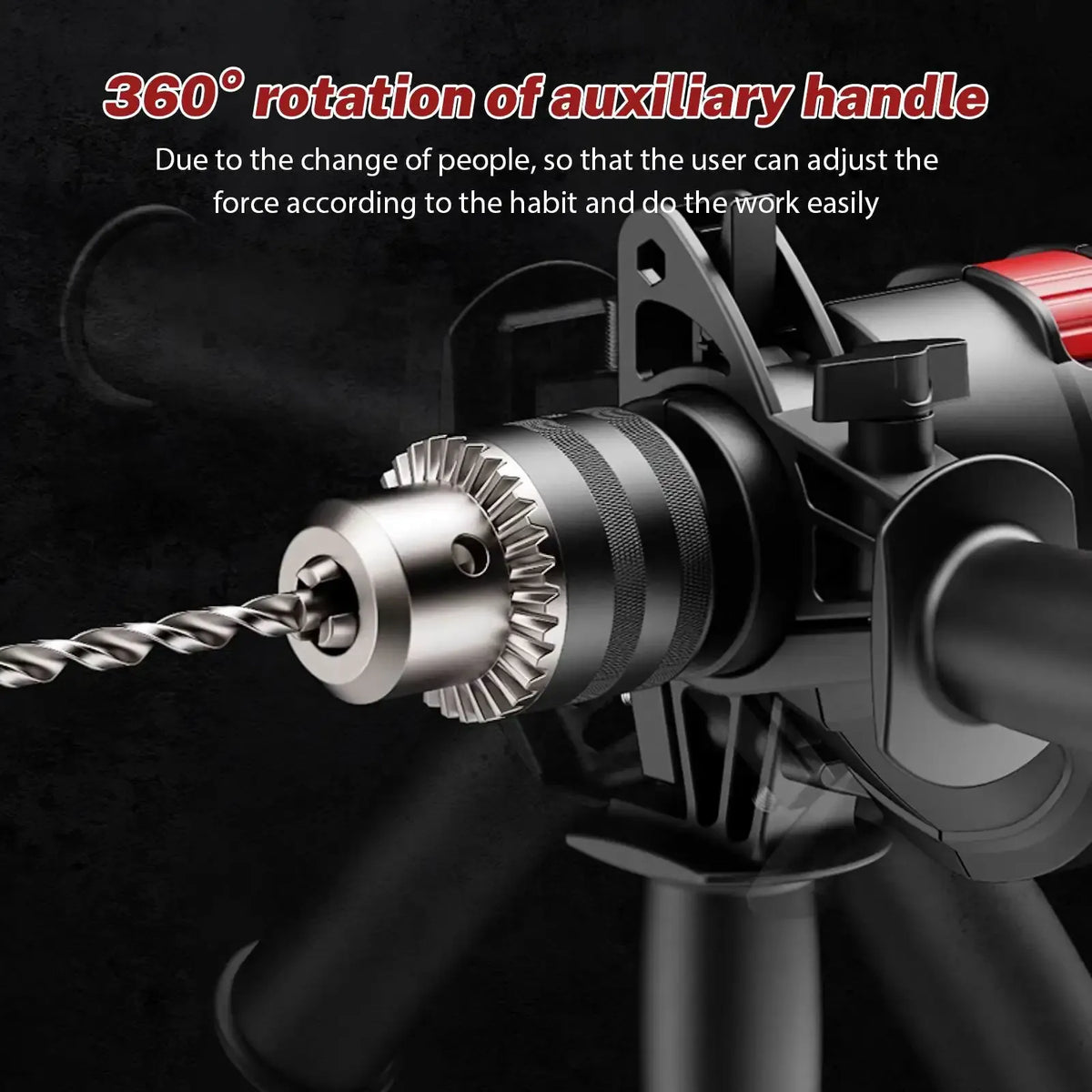 Close-up of black cordless drill chuck and spinning metal bit with handle guard