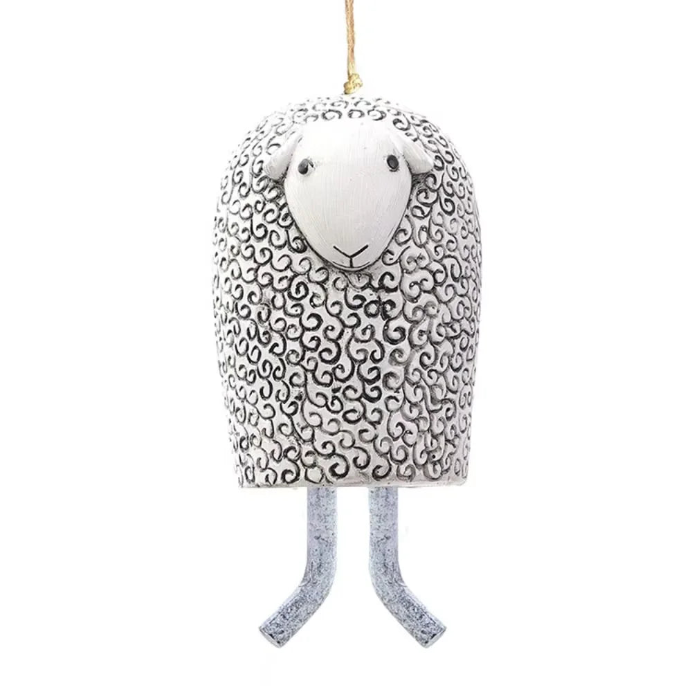 Cute resin sheep wind chime for rustic garden decor. Decorative white animal hanging bell for outdoor patio gift.