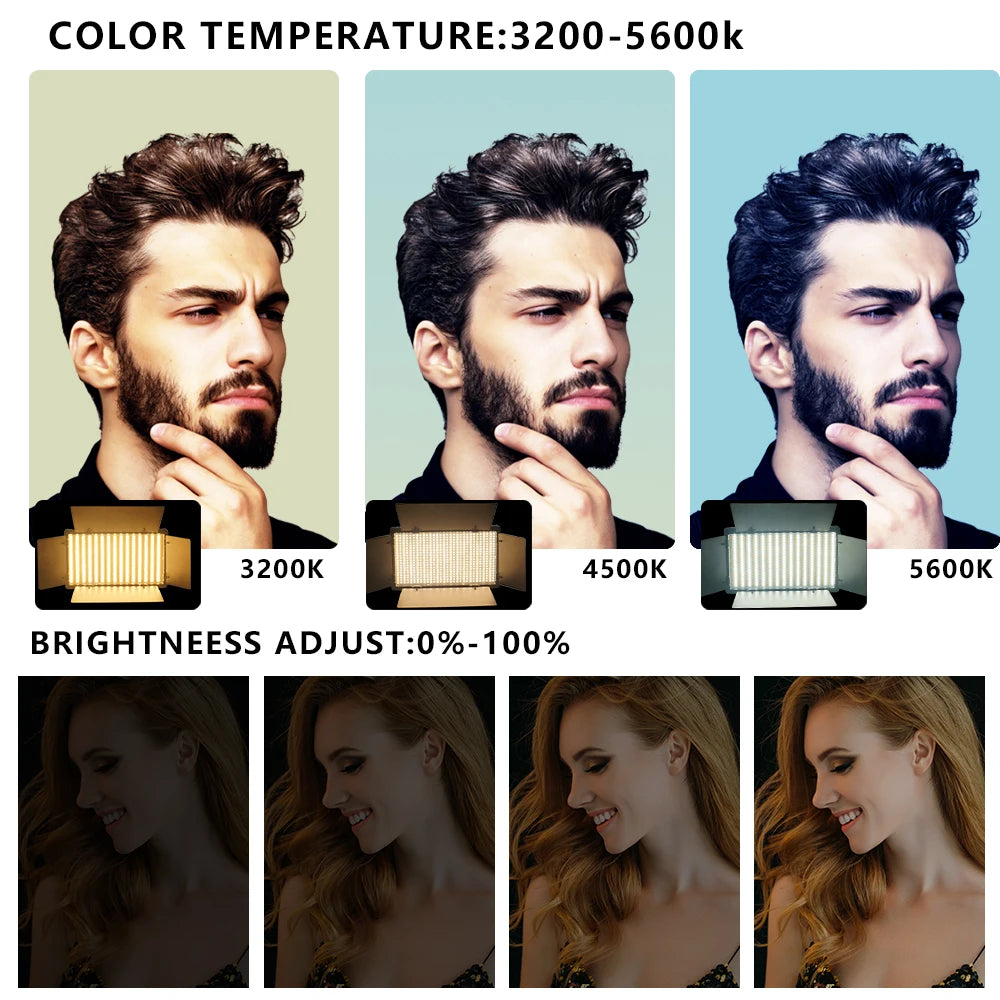LED video panel light with adjustable color temperature 3200-5600K and dimmable 0-100% brightness for photography.