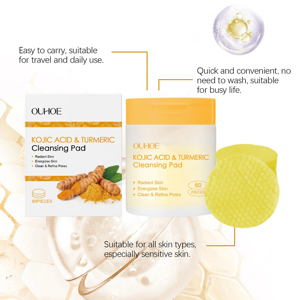 OUHOE Turmeric Kojic Acid Exfoliating Cleansing Pads Fade Dark Spot Oil Brightening Moisturizing Whitening Facial Sponges Cotton